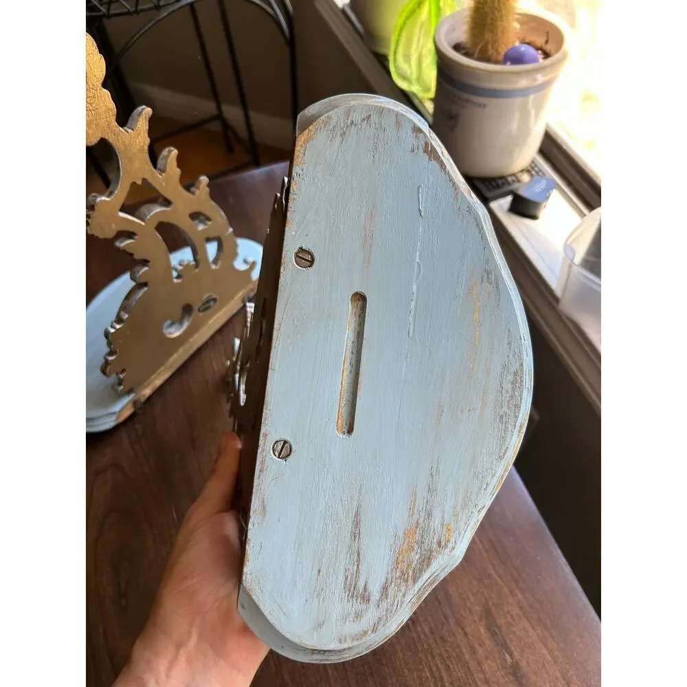 2 Vintage Syroco wood wall shelves shabby chic Regency gold light blue paint 12”